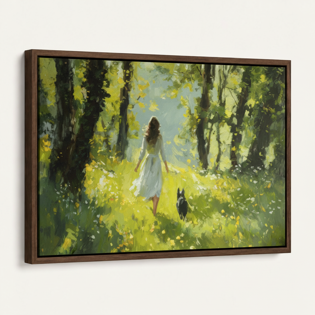 Dark walnut float frame sunlit forest woman and cat canvas wall art angled side view off-white background