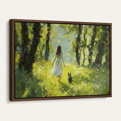 Dark walnut float frame sunlit forest woman and cat canvas wall art angled side view off-white background