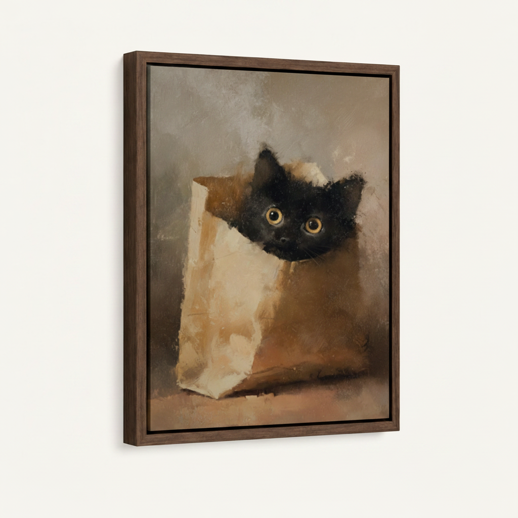 Classic realistic black cat in paper bag canvas, dark walnut float frame, 3/4 angle on clean white background