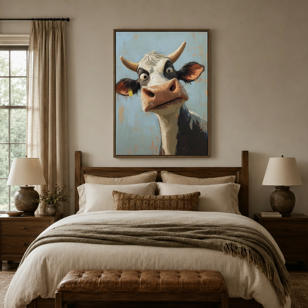 Black-and-white cow portrait caricature canvas in dark walnut float frame above linen headboard in warm neutral bedroom