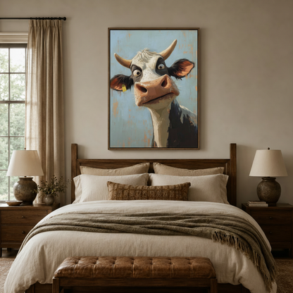 Black-and-white cow portrait caricature canvas in dark walnut float frame above linen headboard in warm neutral bedroom