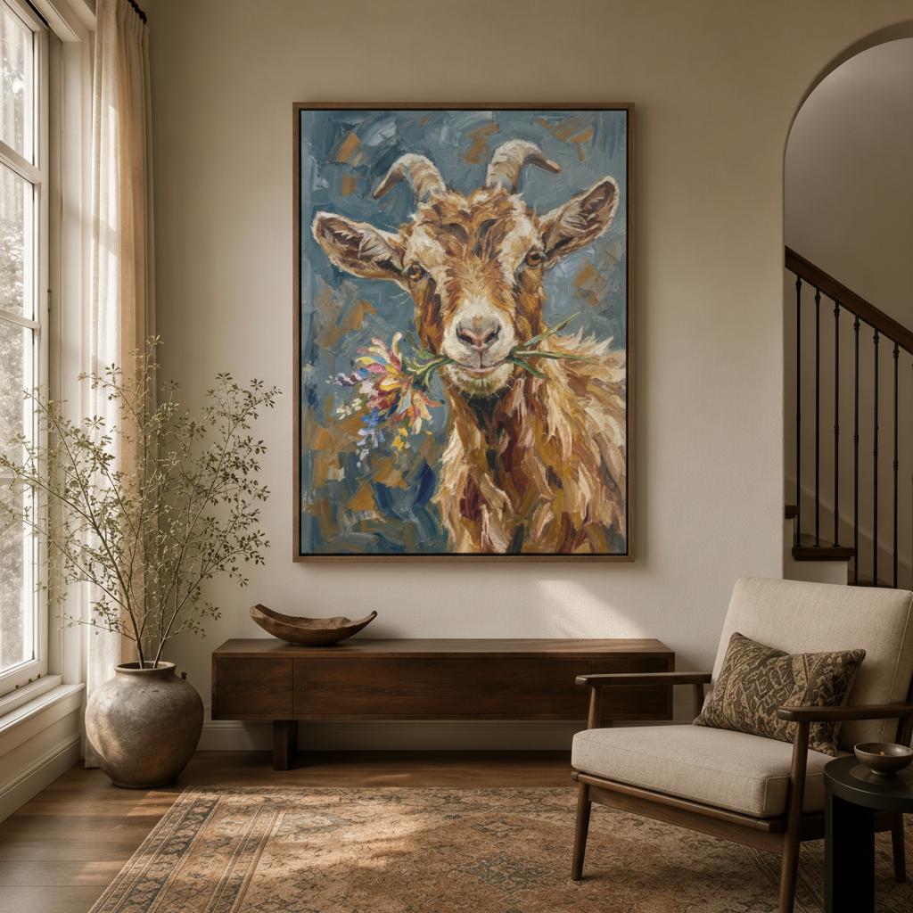 Goat wildflower canvas wall art displayed in a moody entryway with arched doorway and wooden console table