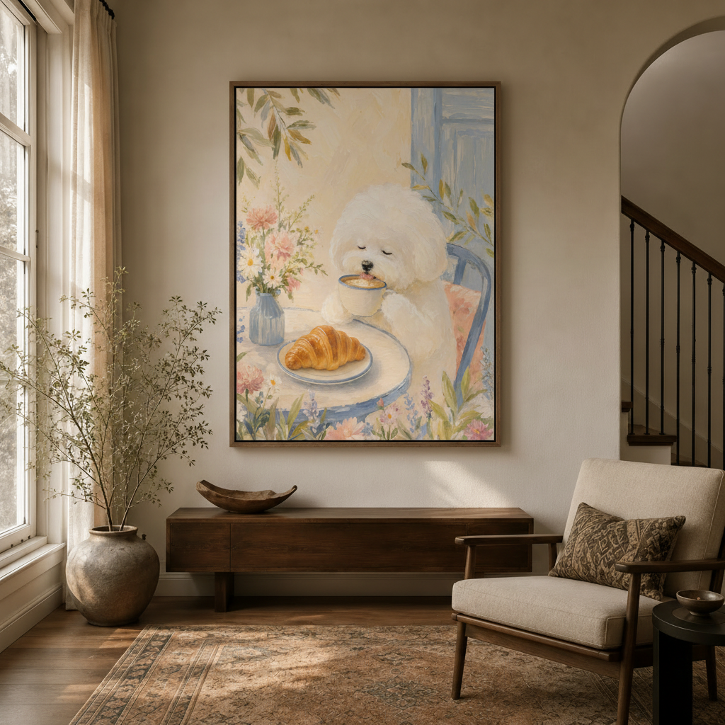 Fluffy white dog French breakfast canvas displayed in warm neutral entryway beside staircase and armchair