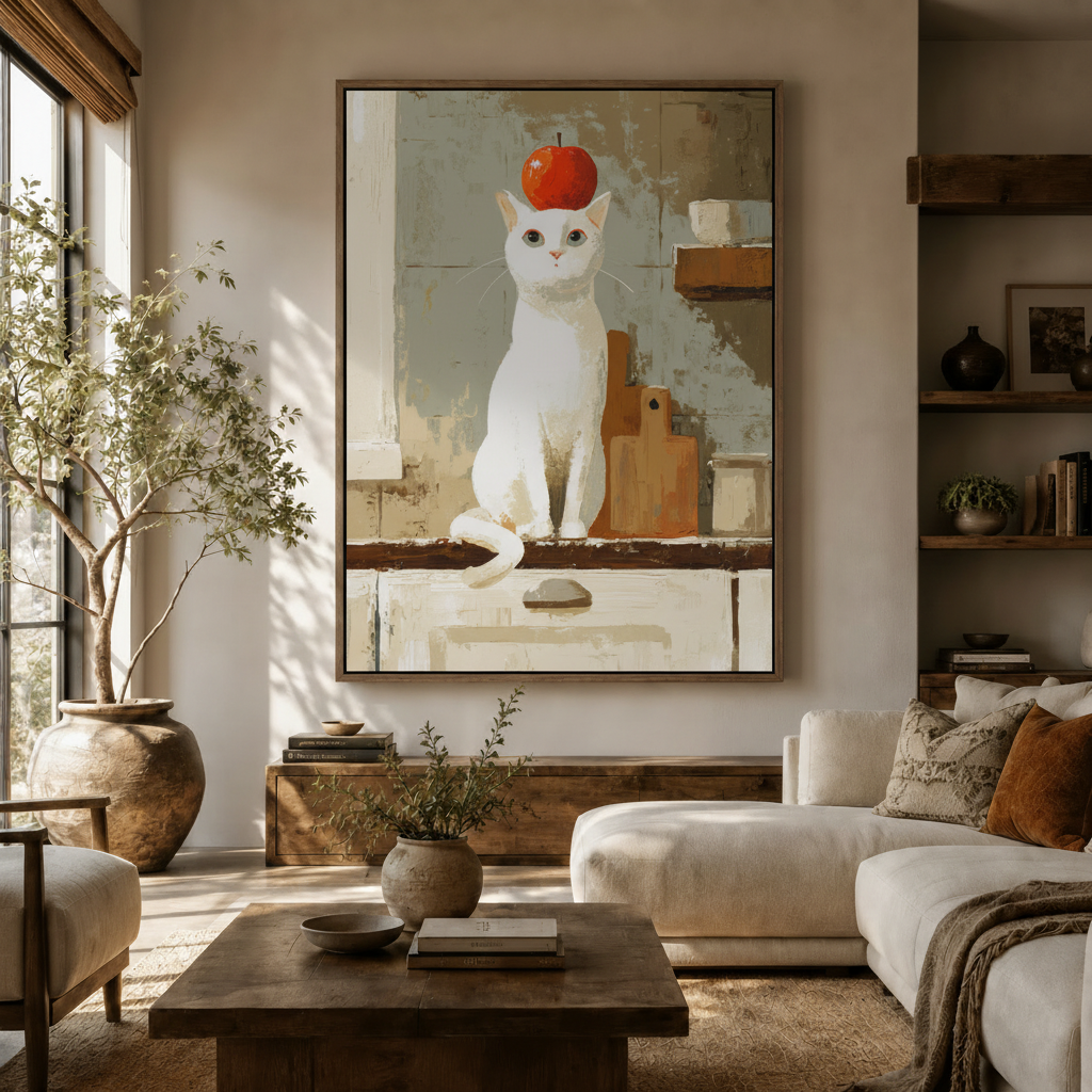White cat red apple canvas print displayed in bright modern living room with olive tree