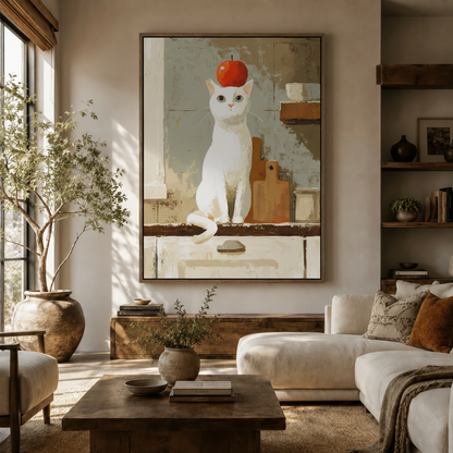 White cat red apple canvas print displayed in bright modern living room with olive tree