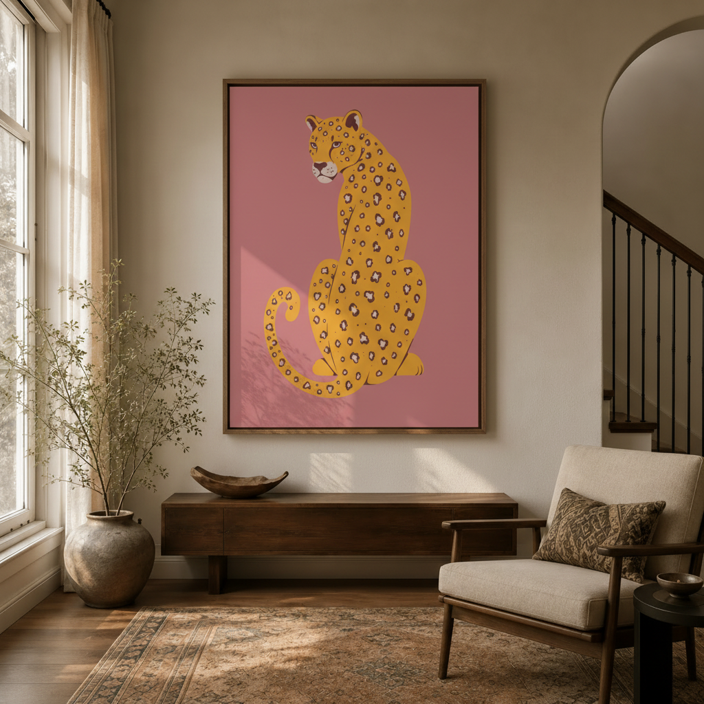 Bold animal print framed wall art in entryway hallway above dark walnut console table