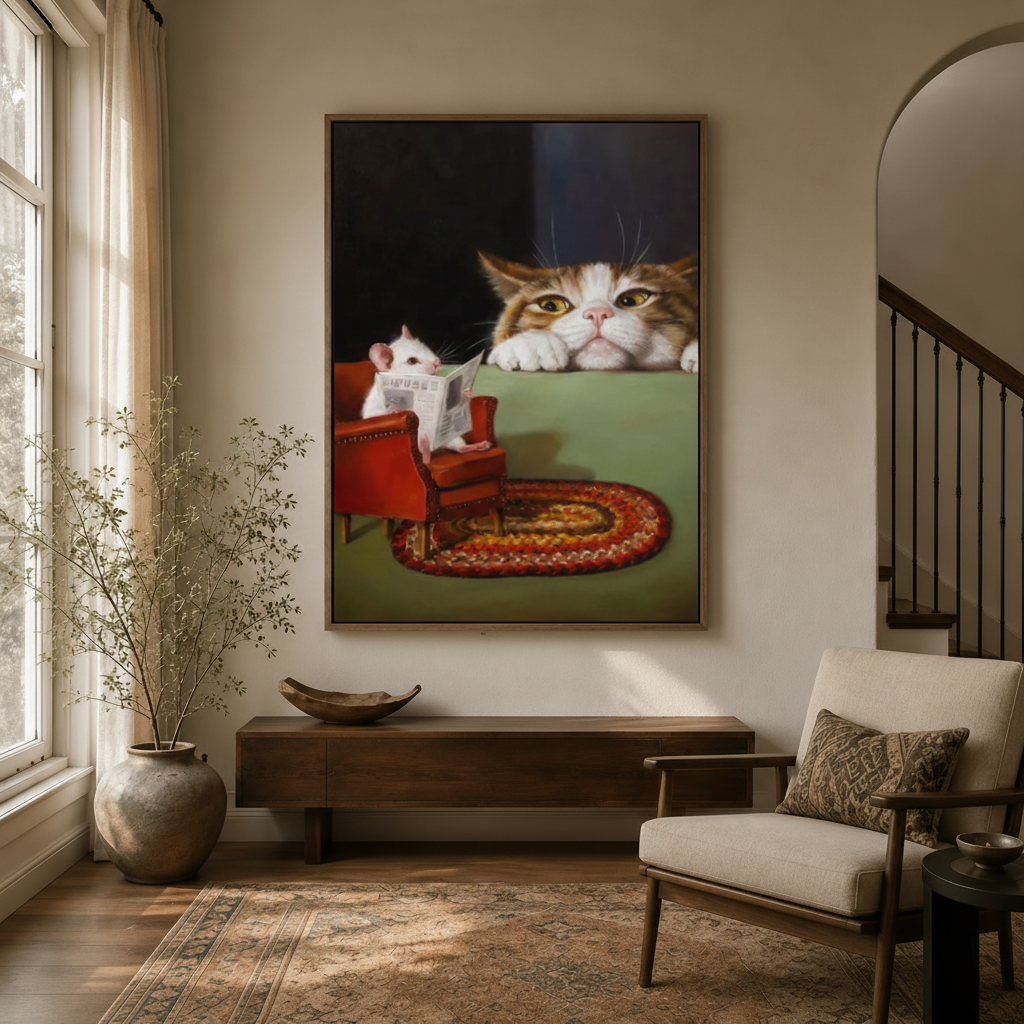 Humorous cat watching mouse canvas wall art displayed in modern entryway with staircase