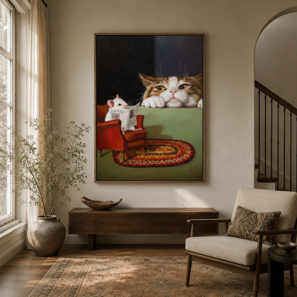 Humorous cat watching mouse canvas wall art displayed in modern entryway with staircase