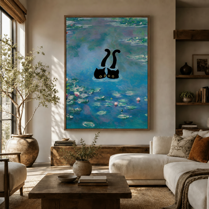 Whimsical Monet-inspired cat canvas in dark walnut float frame, angled product view on white background