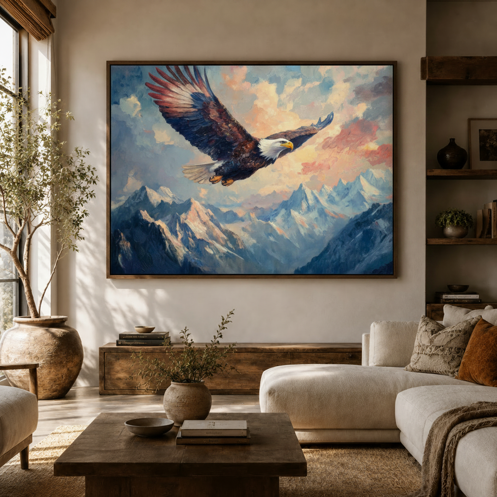 Framed bald eagle mountain painting displayed in neutral living room above sofa