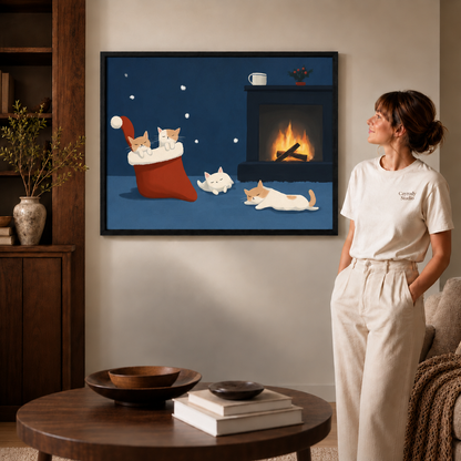Four sleepy cats by a fireplace in black-framed Christmas canvas wall art beside a woman.