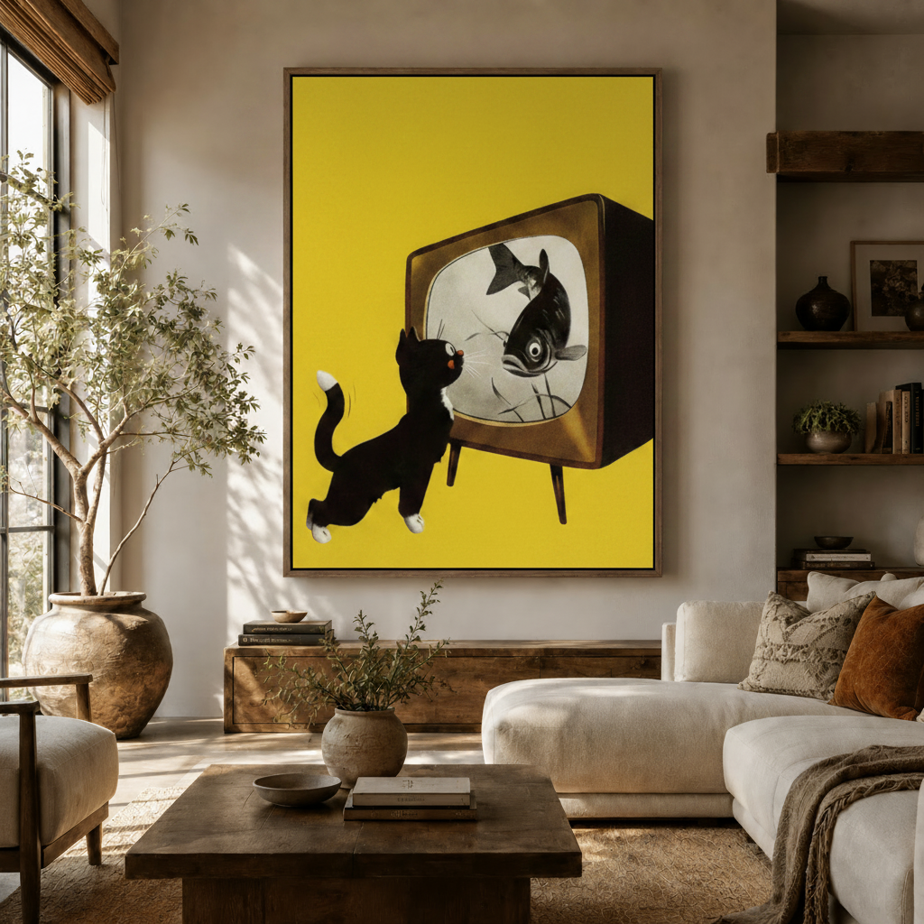 Funny cat framed canvas art above a white sofa in a bright organic modern living room