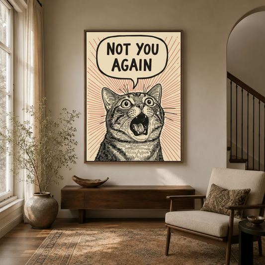  Vintage woodcut shocked cat canvas print hanging in entryway hallway with floating frame