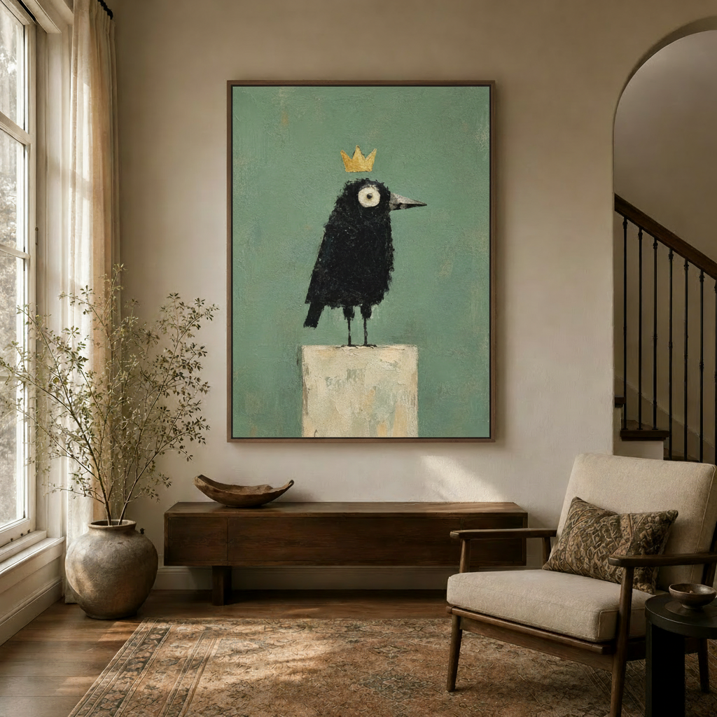 Impasto oil painting of a black bird with gold crown in walnut float frame, entryway wall decor