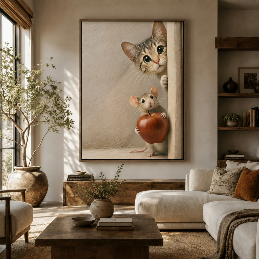 Hyperrealistic cat and mouse wall art displayed in warm neutral living room above dark wood sideboard