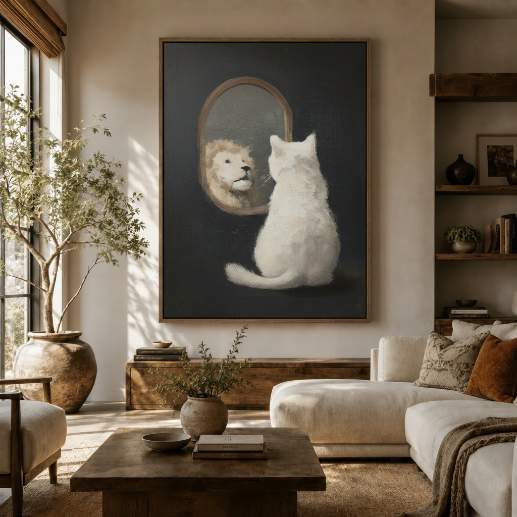 Moody cat and lion mirror painting displayed in bright living room above white sofa