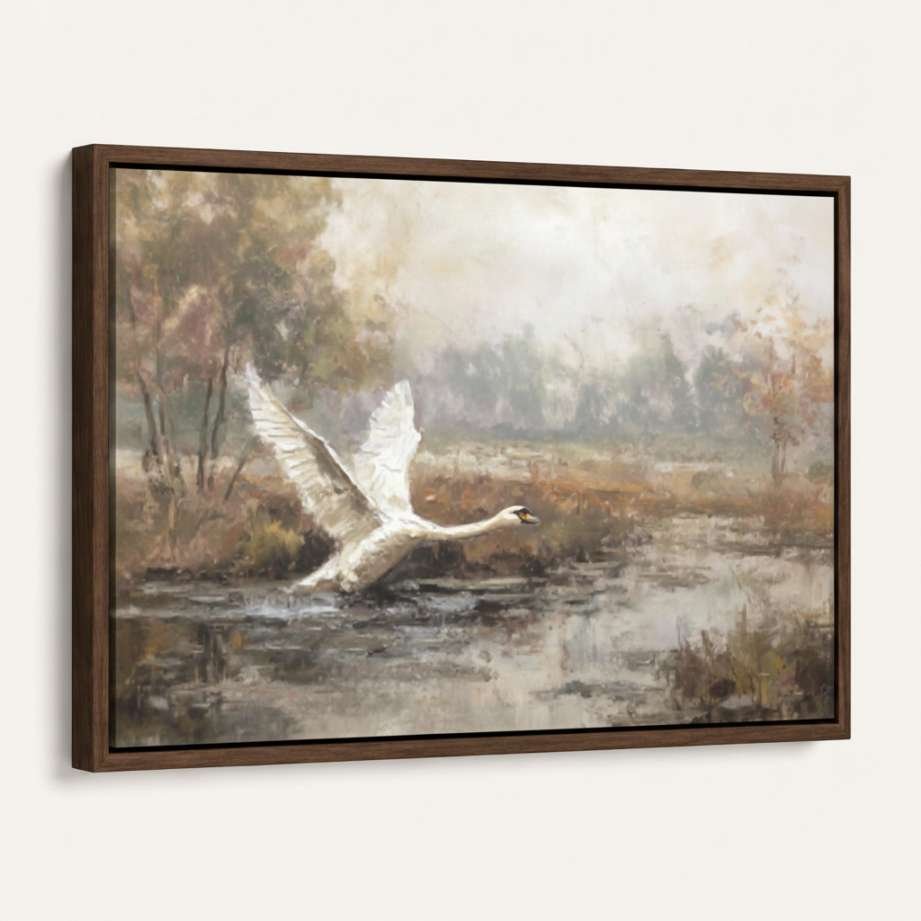 Framed swan flight wetland classical canvas print in dark walnut float frame angled 3/4 product view