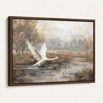 Framed swan flight wetland classical canvas print in dark walnut float frame angled 3/4 product view