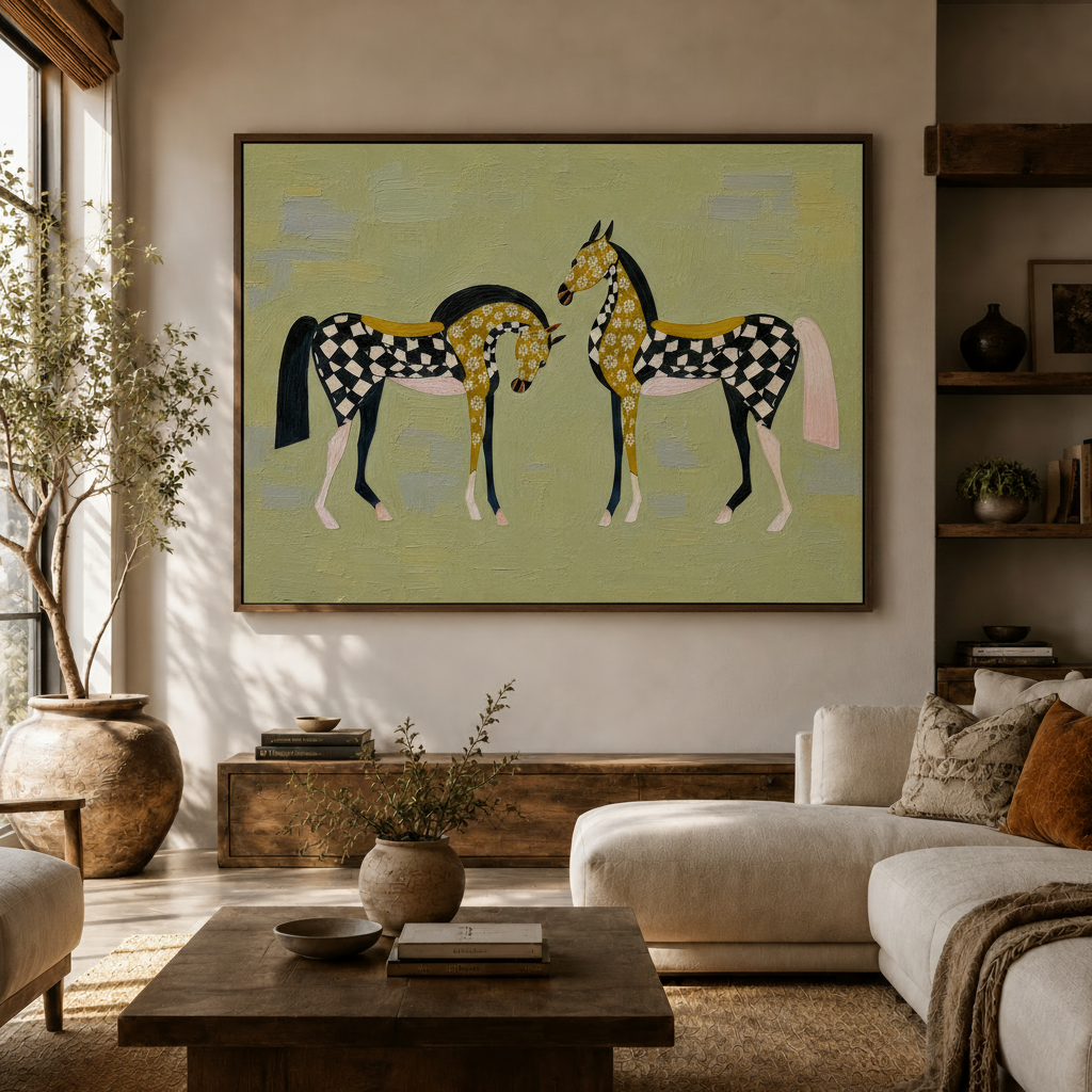 Decorative checkerboard horse painting canvas hung above sideboard in bright modern living room