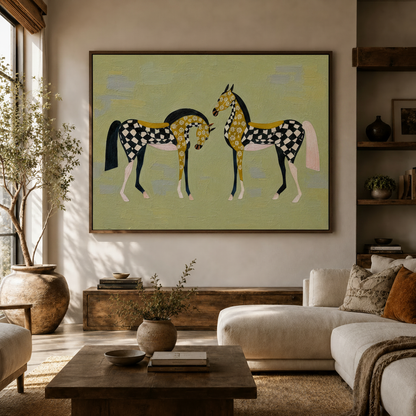 Decorative checkerboard horse painting canvas hung above sideboard in bright modern living room