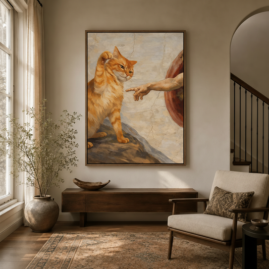 Renaissance-style orange tabby cat wall art hanging in a cozy entryway with arched doorway