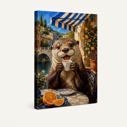 Gallery wrapped canvas side view of happy otter drinking espresso at French cafe