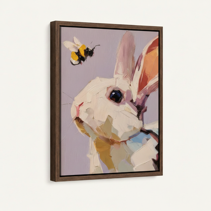 Charming white rabbit bee canvas in dark walnut float frame, 3/4 angle view on clean white background