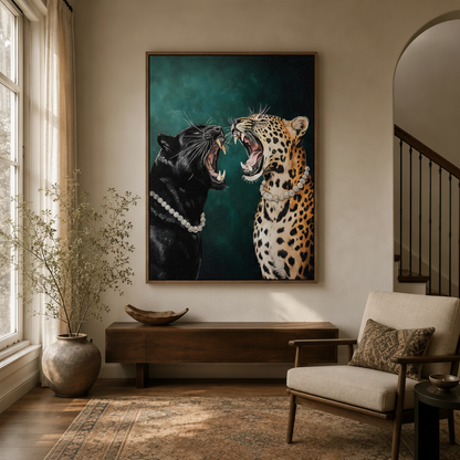 Glam panther leopard pearl necklace canvas art in walnut frame hung in modern entryway