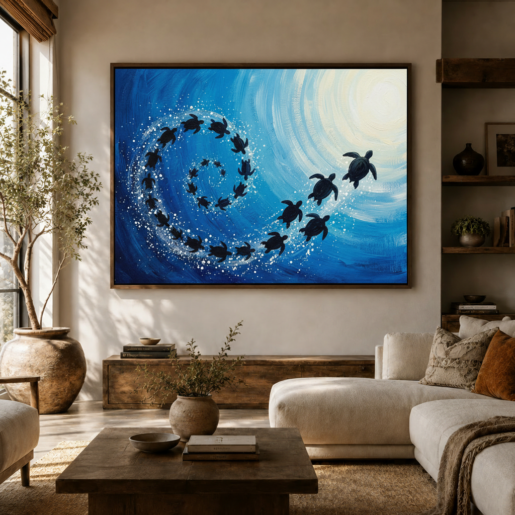 Bold ocean wave sea turtle wall art styled above a white sofa in a bright coastal living room