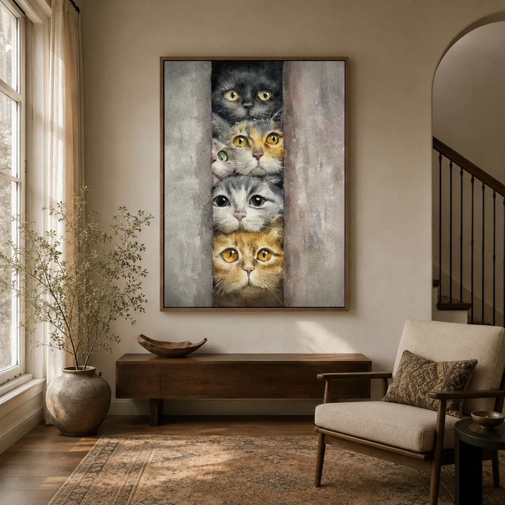 Realistic watercolor five stacked cats peeking canvas print in dark walnut floating frame in modern entryway