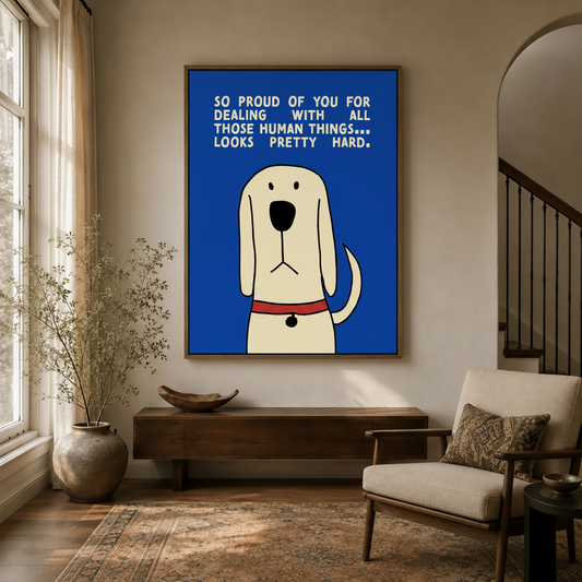 Cartoon dog encouragement wall art hanging in bright entryway with wooden console