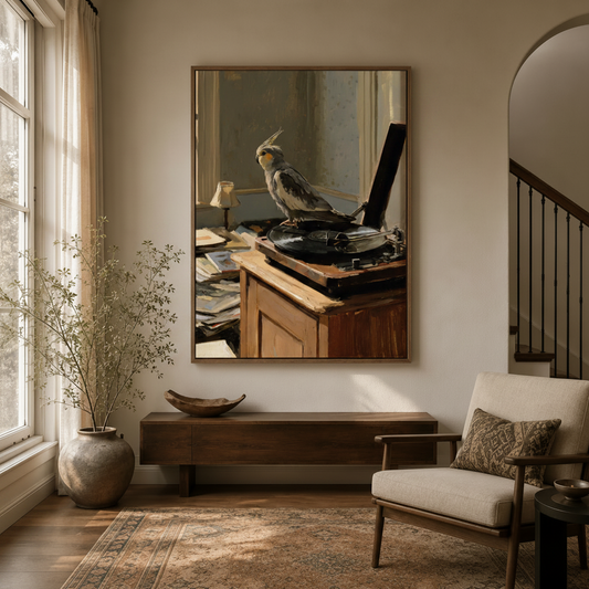 Vintage bird oil painting in dark walnut float frame styled in entryway beside dried branch vase and armchair