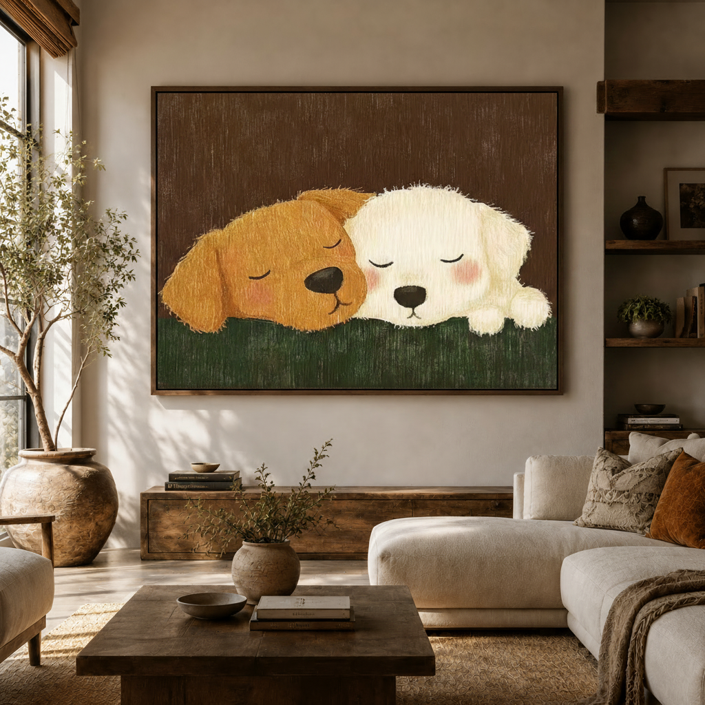 Cozy two puppies cuddled canvas print hung above sideboard in warm Scandinavian living room