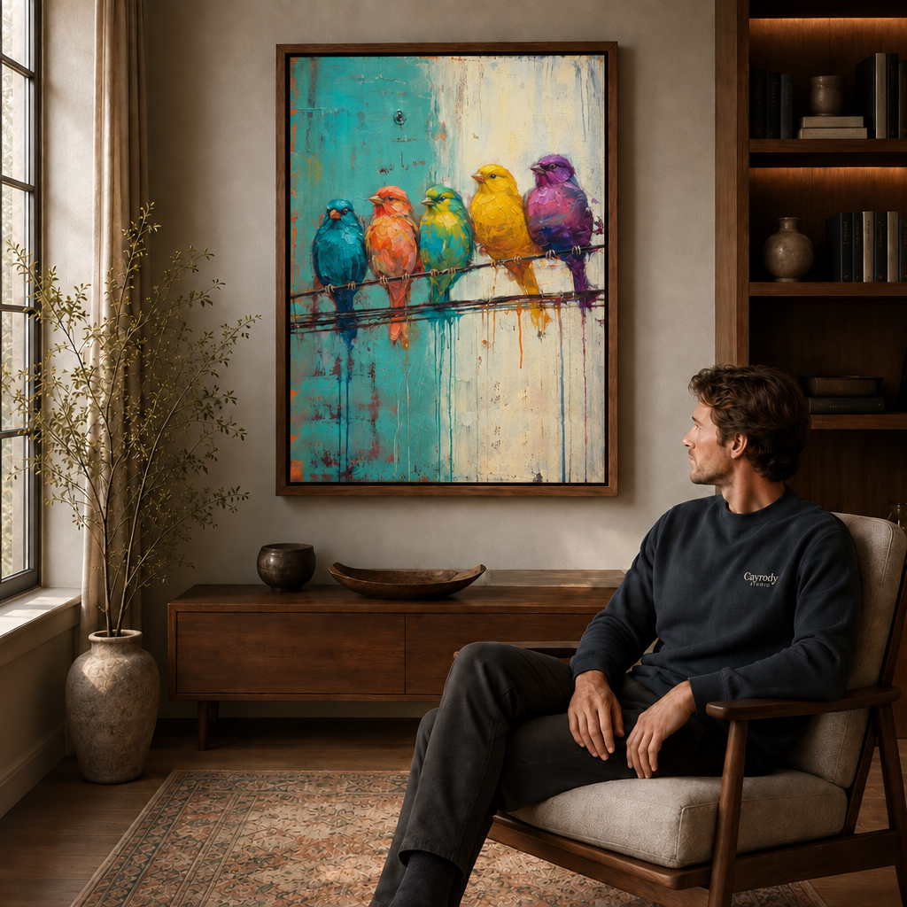 Framed five-bird canvas wall art displayed above a wooden sideboard, with a seated man in a warm living room.