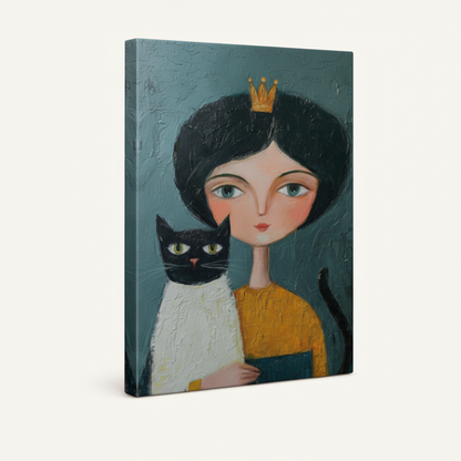 Gallery-wrapped girl and black cat folk art canvas with teal-grey wrap sides on off-white background