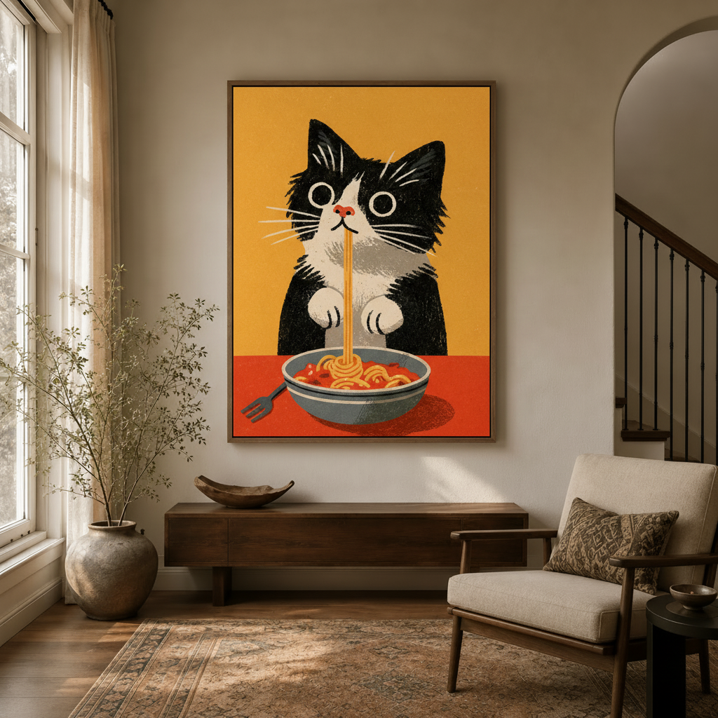 Funny spaghetti cat retro illustration canvas in float frame above dark wood console in warm entryway