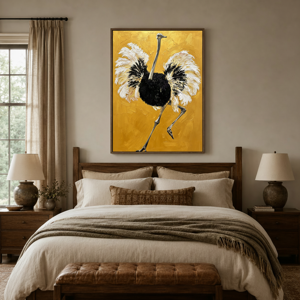 Ostrich impasto painting on bedroom wall above dark walnut bed frame with linen bedding