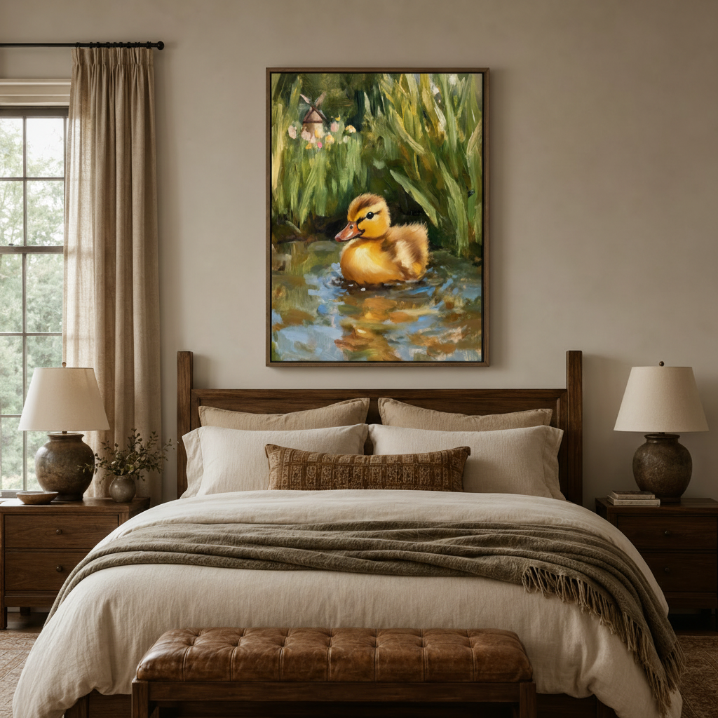 Golden mallard duckling pond impressionist canvas in dark walnut float frame above linen headboard in warm neutral bedroom