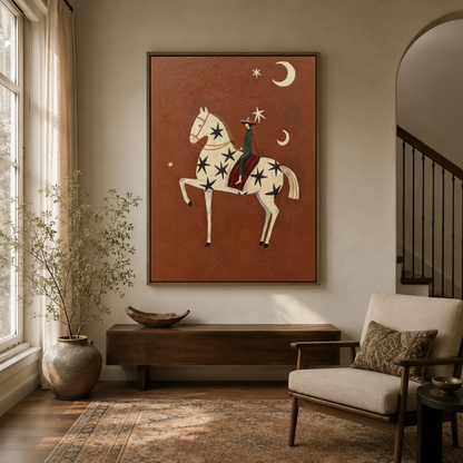Starry night horse rider folk art canvas in entryway hallway with floating frame

