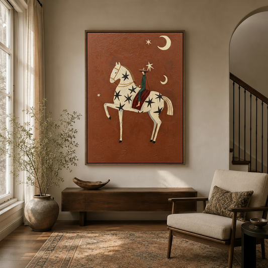 Starry night horse rider folk art canvas in entryway hallway with floating frame
