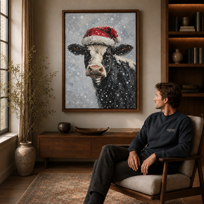 Seated man looking toward Christmas cow wall art in a walnut frame.