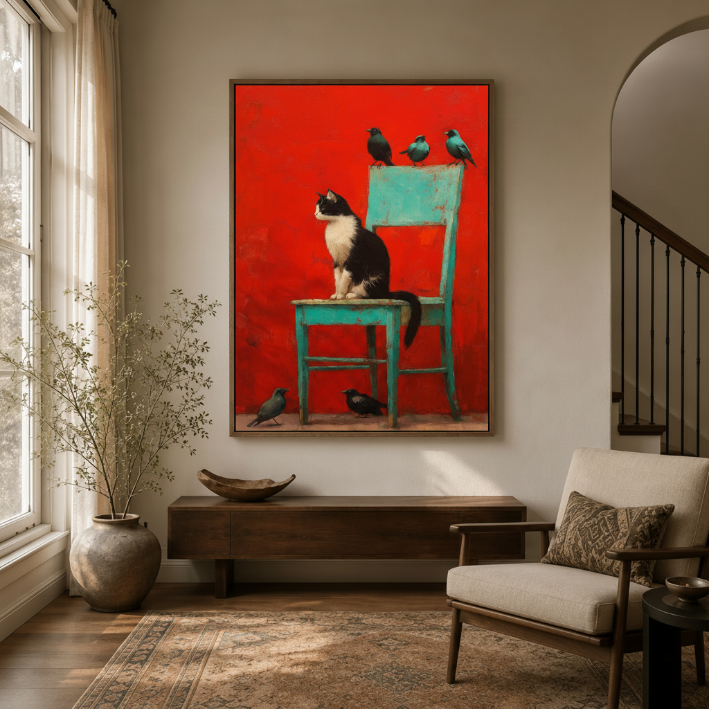 Tuxedo cat folk art canvas print hanging in elegant hallway entryway with arched doorway
