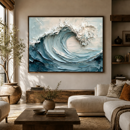 Large textured ocean wave canvas print framed above sideboard in warm modern living room