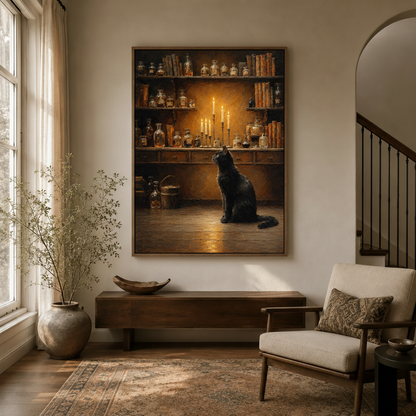 Dark academia black cat candlelight canvas wall art hanging in modern hallway entryway
