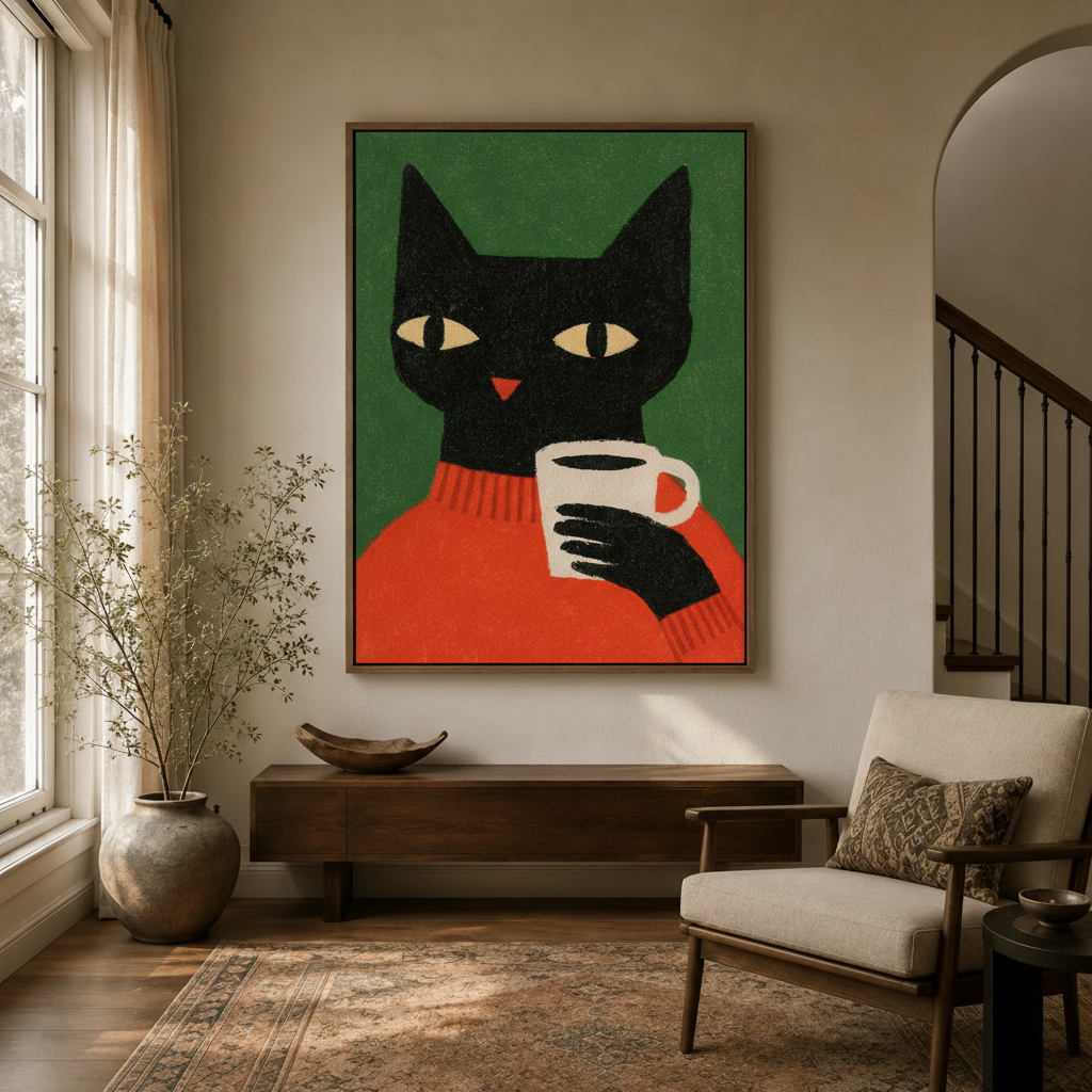 Black cat canvas wall art in framed style displayed in a warm neutral entryway with wooden furniture and staircase
