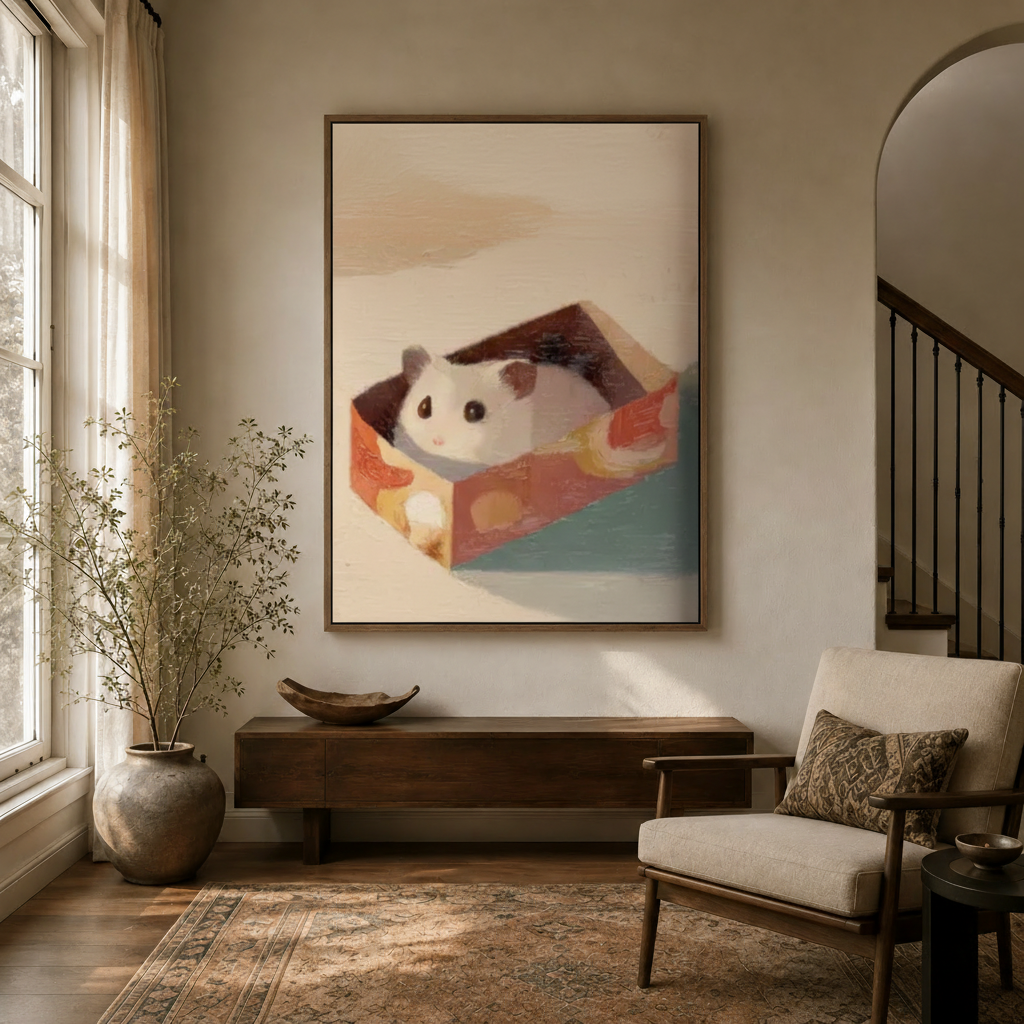 Whimsical hamster canvas wall art hanging above a wooden console in a warm neutral entryway