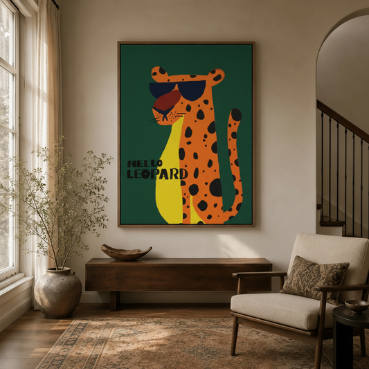 Cool leopard in sunglasses graphic canvas print hanging in hallway with arched doorway and float frame