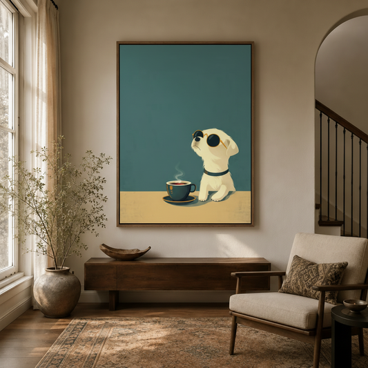 Cool dog coffee canvas print displayed in a bright modern entryway with warm neutral tones
