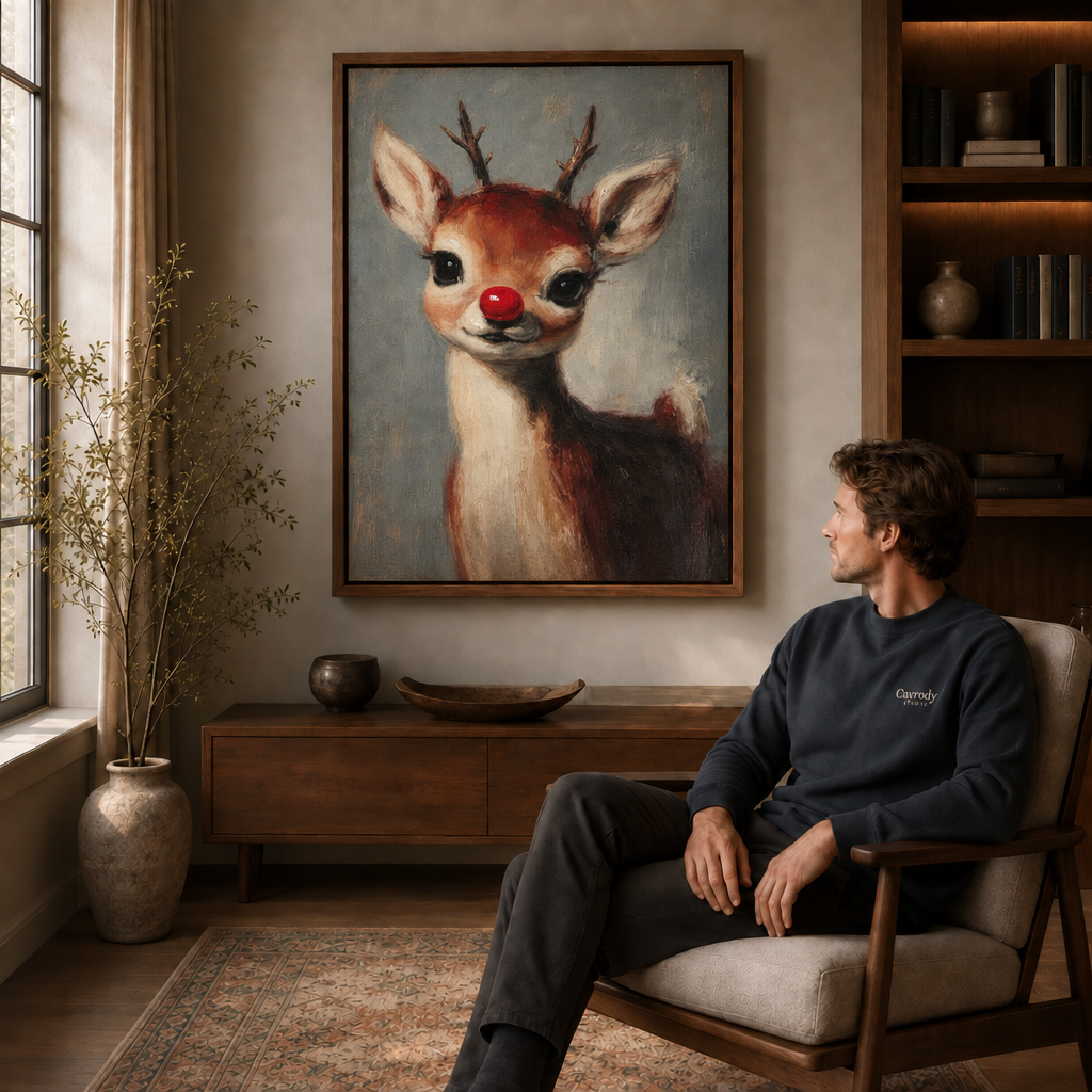 A seated man views framed Christmas reindeer wall art above a wooden console in a warmly lit living room.