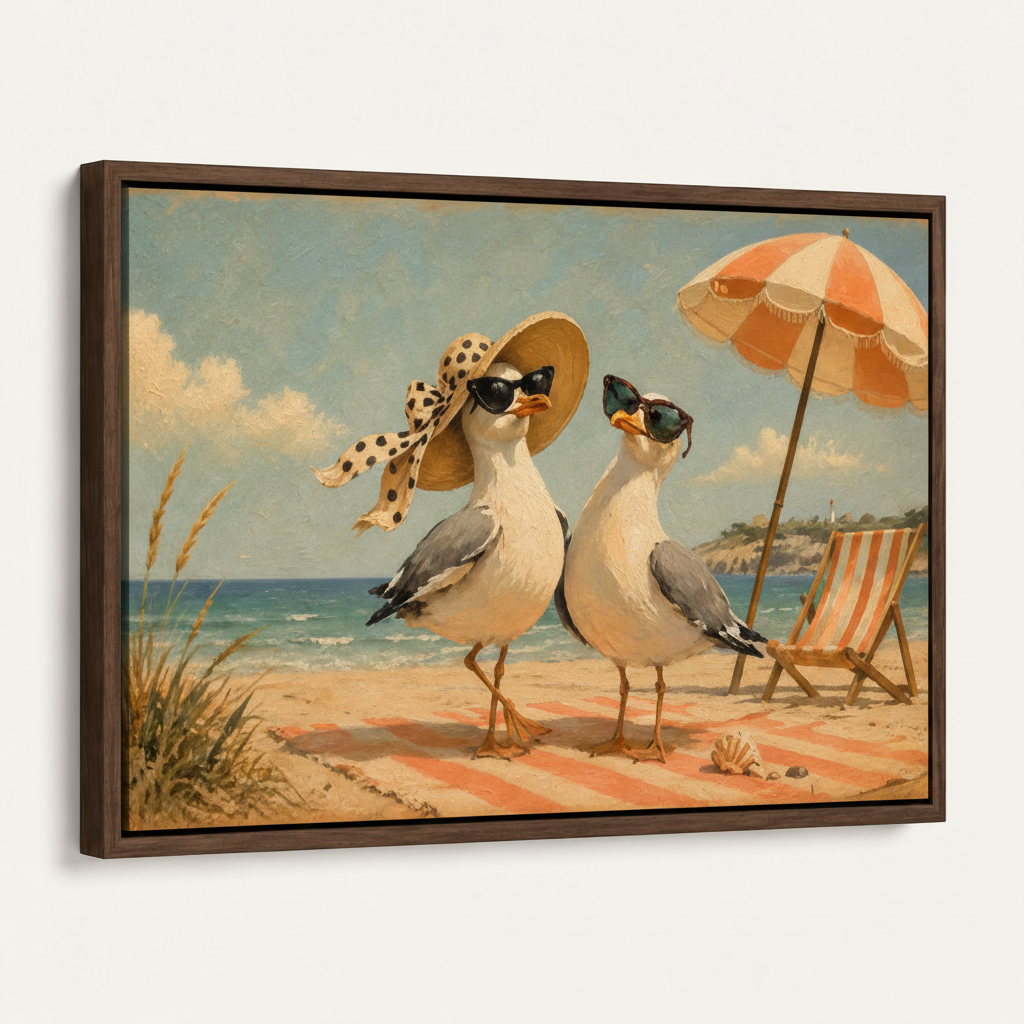 Framed beach seagulls vintage coastal canvas print in dark walnut float frame angled product view